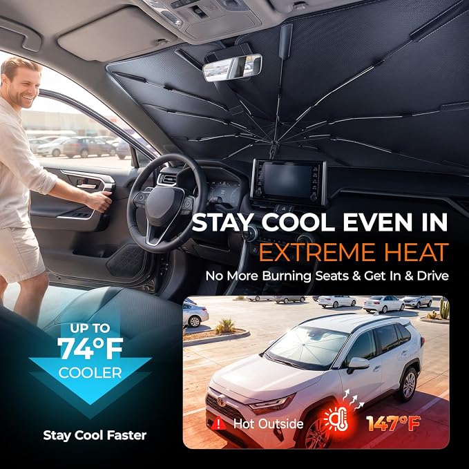 [2026 Upgraded] DooGooCoo Windshield Sun Shade Umbrella for Nissan Rogue 2021-2025 2026 [100% Sunlight Blocked, Cooling Ice Crystal ] Sunshade for Car Windshield for Rogue Sun Shade, Custom Fit. - Image 3