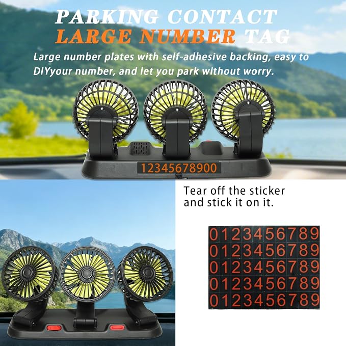 Portable 3-Head Car Cooling Fan 12V-Brushless Motor-2 Speeds, 360 Rotation,for Car Dashboard, Powerful Cooling Solution for Sedan/SUV/RV/Truck/Van Vehicles,Cigarette Lighter Powered (3-head 12V) - Image 7