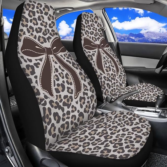 Bow Front Car Seat Cover Set of 2 Leopard Print Car Seat Covers for Front Seats Auto Interior Accessories Anti-Slip Back Fabric for Cars Sedans and SUVs - Image 2