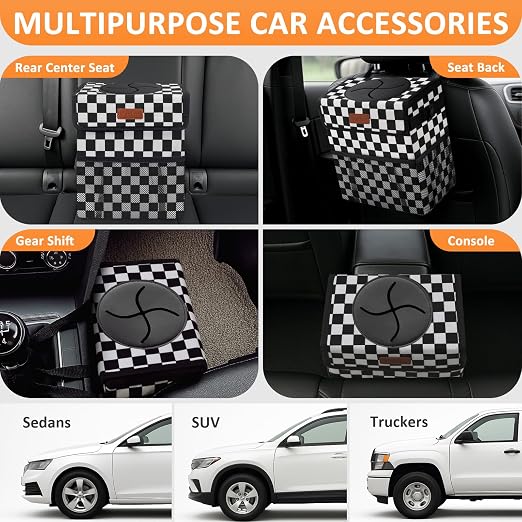 Vankor Car Trash Can with Lid Leak Proof Car Accessories for Women | 2.2 Gallon Cute Hanging Car Trash Bin for Men Car Truck Auto Interior Automotive Garbage Cans, Black White Checkered - Image 5