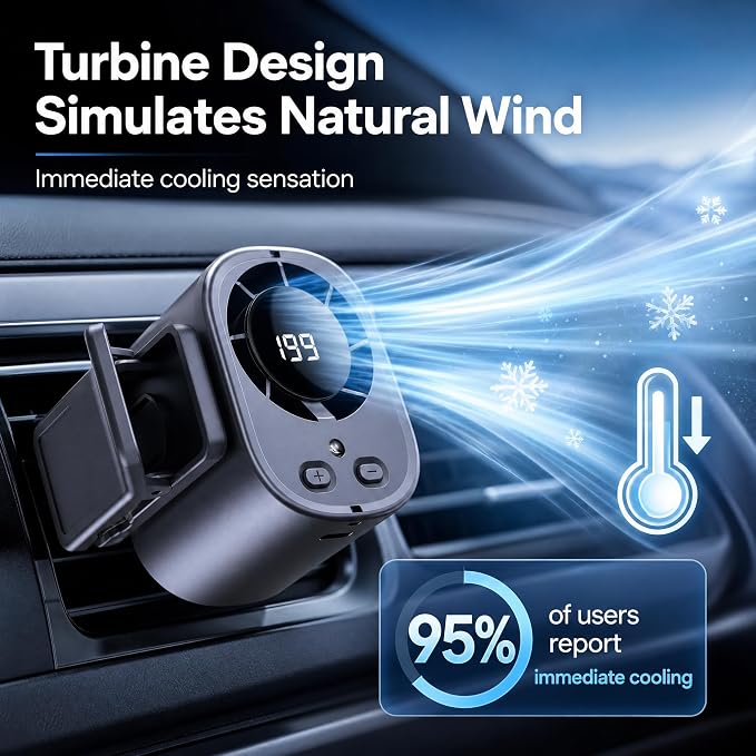 Clip On Air Conditioner for Car, 2026 Portable Car Air Conditioner 360° Rotation 199 Speeds Silent Mini Bladeless Fan with Led Lights Clip On Fan for Cars Work Camping (Black) - Image 7