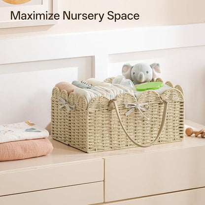 Angelhood Paper Rope Diaper Caddy, Scalloped Baskets with Removable Divider | Woven Floral Baby Diaper Organizer for Changing Table,Baby Shower Gifts,Portable Car Organizer for Diapers - Image 6
