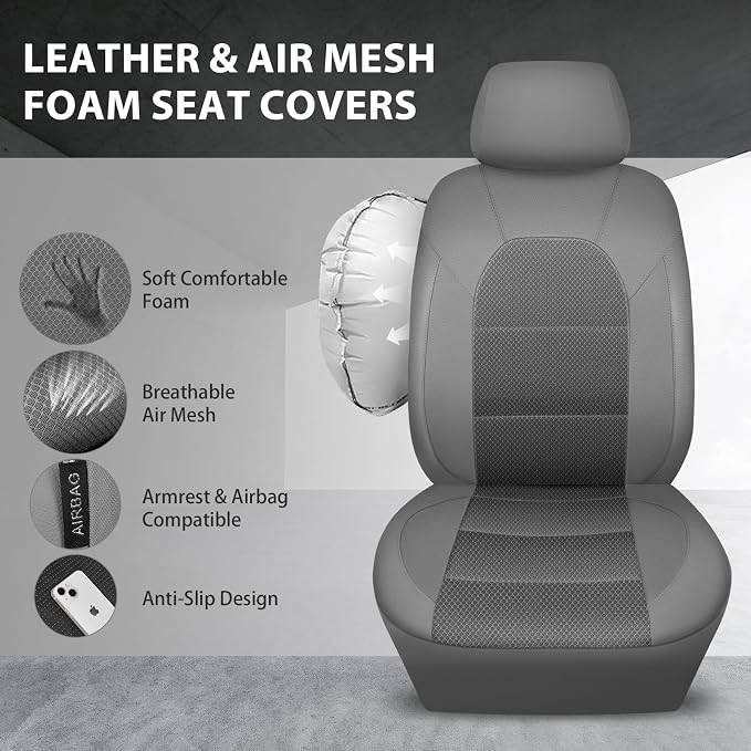 CAR PASS Leather Car Seat Covers Breathable Seat Cover Full Sets Airbag Compatible for Most Cars, SUVs, Trucks, and Vans (Full Set, Gray) - Image 3