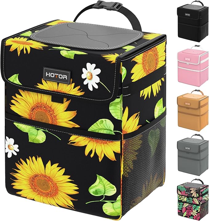 HOTOR Car Trash Can - Leakproof, Collapsible, 2 Gallon Capacity, Polyester Material, Sunflower Color, Fits Sedans, SUVs, Trucks | 2-Gallon, Storage Bag for Back, Front or Console of Cars, Sedans, SUVs & Trucks, Easy-to-Install Car Accessory for Interior by HOTOR