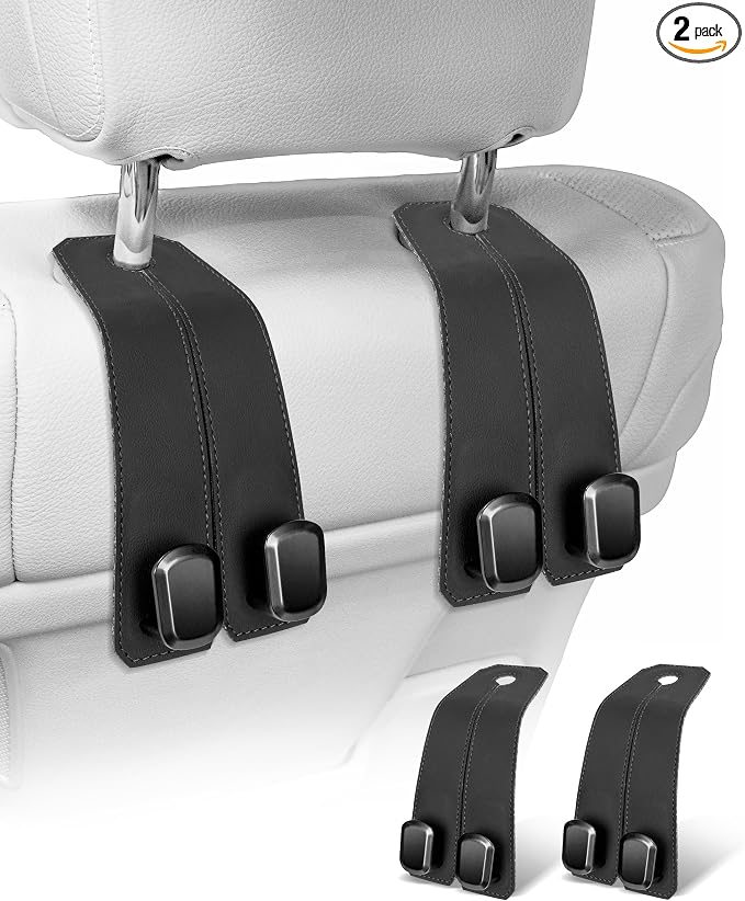 Car Hooks for Headrest, 2Pcs Seat Back Storage Hook Luxurious Leather 100% Metal Multifunctional Car Hanger & Holder for Heatrest, Seat, Bag, Purse (Black) by VETERBONE