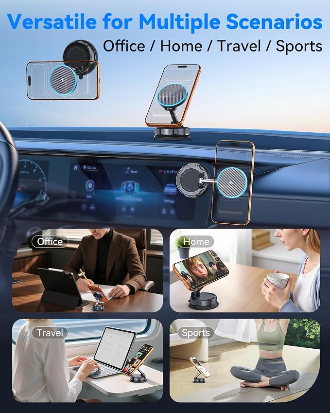 15W MagSafe Car Mount Charger, Magnetic Wireless Car Charger with Vacuum Suction Cup & Nano Adhesive Base, 360° Rotatable Strong Hold Car Phone Mount for iPhone 17 16 15 14 13 12 Series, Samsung S26 - Image 3
