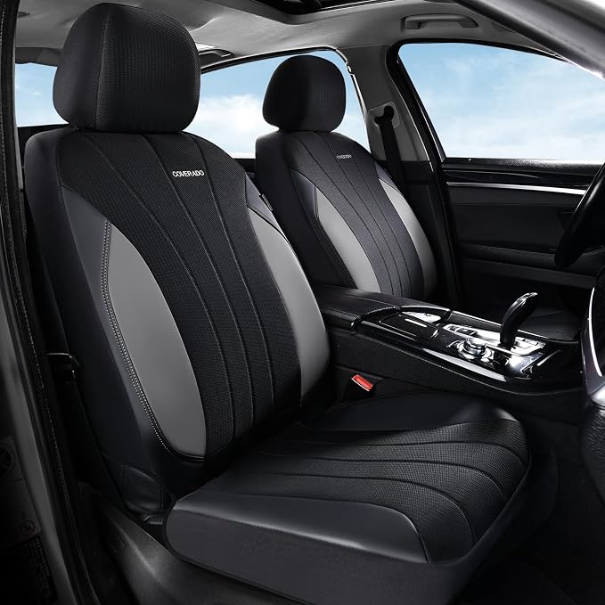 Coverado Seat Covers for Car 2 Seats, Leather Car Seat Covers Fullset, Breathable Mesh Front and Rear Protectors, Grey Luxury Automotive Covers, Universal Fit for SUV, Truck, Sedan by COVERADOAUTO