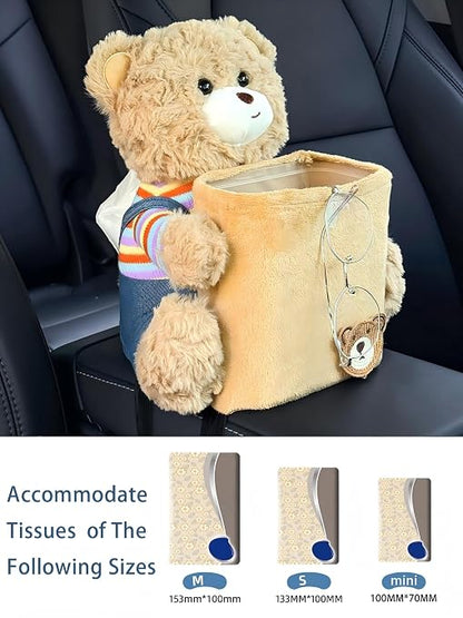 Cute Car Trash Can with Tissue Holder Teddy Bear Tissue Box Console Stuffed Animal Organizer Plush Doll Multifunctional Creative Accessories for Women Rainbow Bear - Image 2