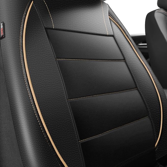 CAR PASS Universal FIT Piping Leather Two Front Seat Covers, Waterproof Faux Leather for SUV Sedan Van Truck, Airbag Compatible,Reserved Opening Holes for Headrest Covers. (Black and Beige) - Image 2
