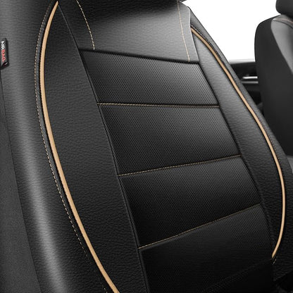 CAR PASS Universal FIT Piping Leather Two Front Seat Covers, Waterproof Faux Leather for SUV Sedan Van Truck, Airbag Compatible,Reserved Opening Holes for Headrest Covers. (Black and Beige) - Image 2
