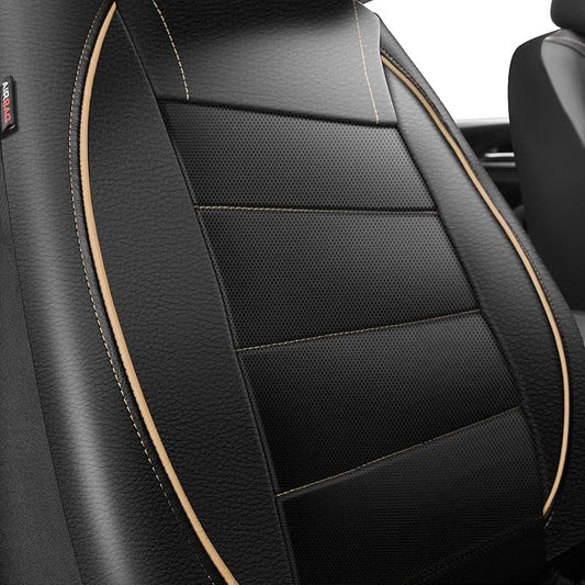CAR PASS Universal FIT Piping Leather Two Front Seat Covers, Waterproof Faux Leather for SUV Sedan Van Truck, Airbag Compatible,Reserved Opening Holes for Headrest Covers. (Black and Beige) - Image 2