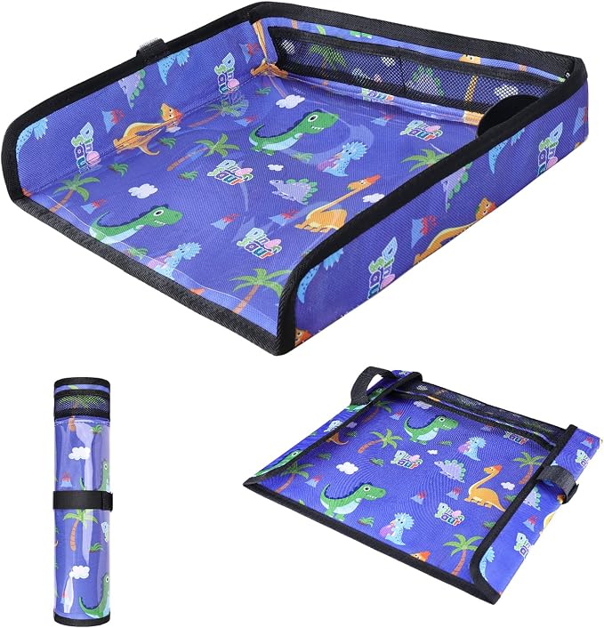 COOLBEBE Airplane Tray Table Cover, Foldable Travel Tray Cover | for Toddlers 1-3, Universal Fit for Airplane, Car Seat, High Chair, Machine Washable, Portable, Blue Dinosaur by COOLBEBE
