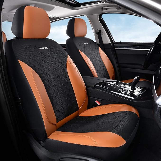 Coverado Car Seat Covers Full Set, Waterproof Seat Covers, 5-Piece Brown Automotive Seat Covers, PU Leather & Breathable Mesh Seat Protectors, Universal Fit for SUVs, Trucks, Sedans - Image 3