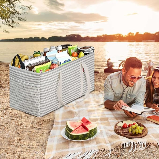 LHZK Standing Extra Large Utility Tote Bag with Metal Wire Frame and the Sides Rinforced, Extra Large Tote Bag with Handle, Reusable Grocery Bags Foldable, Beach Bag, Car Tote (Grey, 26''x15''x13'') - Image 3