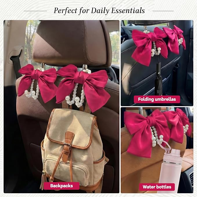 2PCS Satin Bow Pearl Car Seat Headrest Hooks – Car Bag Holder & Vehicle Hanger for Purses – Cute Coquette Aesthetic Interior Decoration – Cute Auto Organizer Accessories Universal (Berry Fuchsia) - Image 4