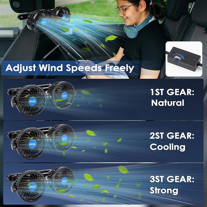 XOOL USB Dual Head Backseat Car Fan – 360° Rotatable Rear Seat Air Circulator with Stepless Speed & Adjustable Clip for Kids in SUV, Truck, RV - Image 4