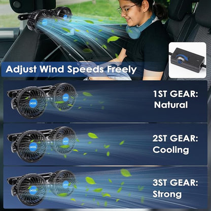 XOOL USB Dual Head Backseat Car Fan – 360° Rotatable Rear Seat Air Circulator with Stepless Speed & Adjustable Clip for Kids in SUV, Truck, RV - Image 4