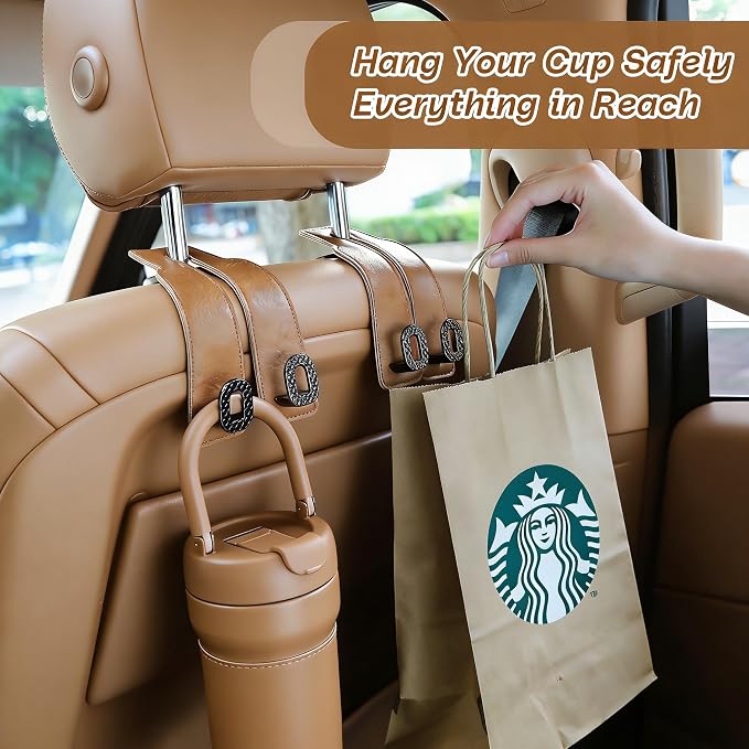 Car Headrest Hooks Universal Car Purse Hook Premium Leather and Alloy Twin Hook Car Seat Back Storage Hanger Hook for Purse Bags Cloth Drink Durable Holder Car Accessories (BH09-Brown-Black) - Image 2