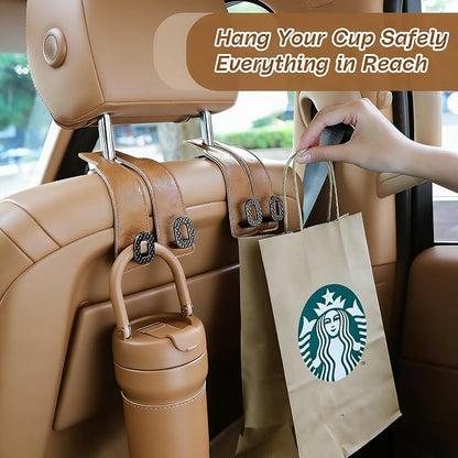 Car Headrest Hooks Universal Car Purse Hook Premium Leather and Alloy Twin Hook Car Seat Back Storage Hanger Hook for Purse Bags Cloth Drink Durable Holder Car Accessories (BH09-Brown-Black) - Image 2