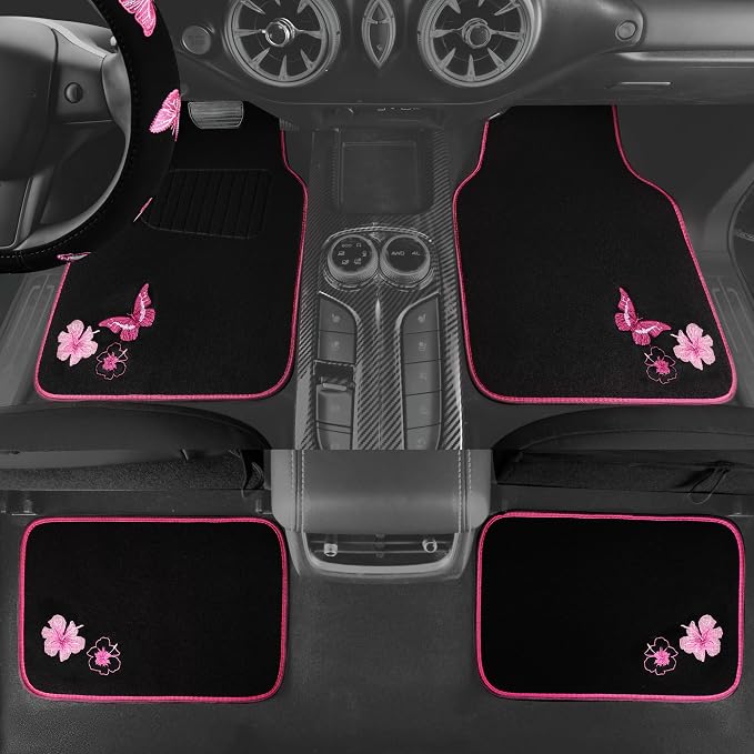 CAR PASS Embroidery Butterfly Steering Wheel Cover and Waterproof Car Floor Mats,Pink Car Mats 14.5-15inch Steering Wheel Covers Universal Fit for Cars, Suvs,Sedans,Van,for Women Girl(Black and Pink) - Image 3