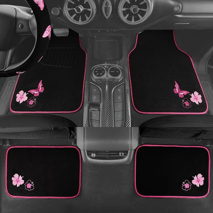 CAR PASS Embroidery Butterfly Steering Wheel Cover and Waterproof Car Floor Mats,Pink Car Mats 14.5-15inch Steering Wheel Covers Universal Fit for Cars, Suvs,Sedans,Van,for Women Girl(Black and Pink) - Image 3