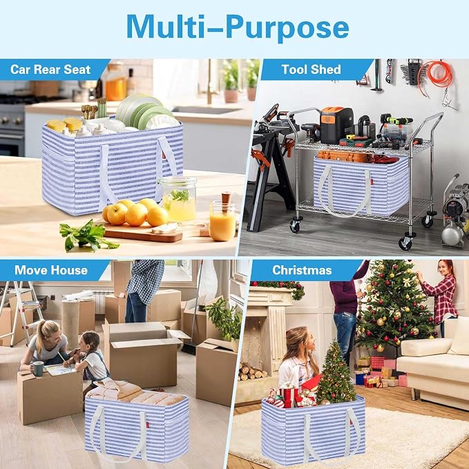 LHZK 2 Pack Utility Tote Bag with Metal Wire Frame and the Sides Rinforced, Large Tote Bag with Handle, Reusable Grocery Bags Foldable, Beach Bag, Car Tote (Blue, 18.5''x11.8''x11.5'') - Image 9