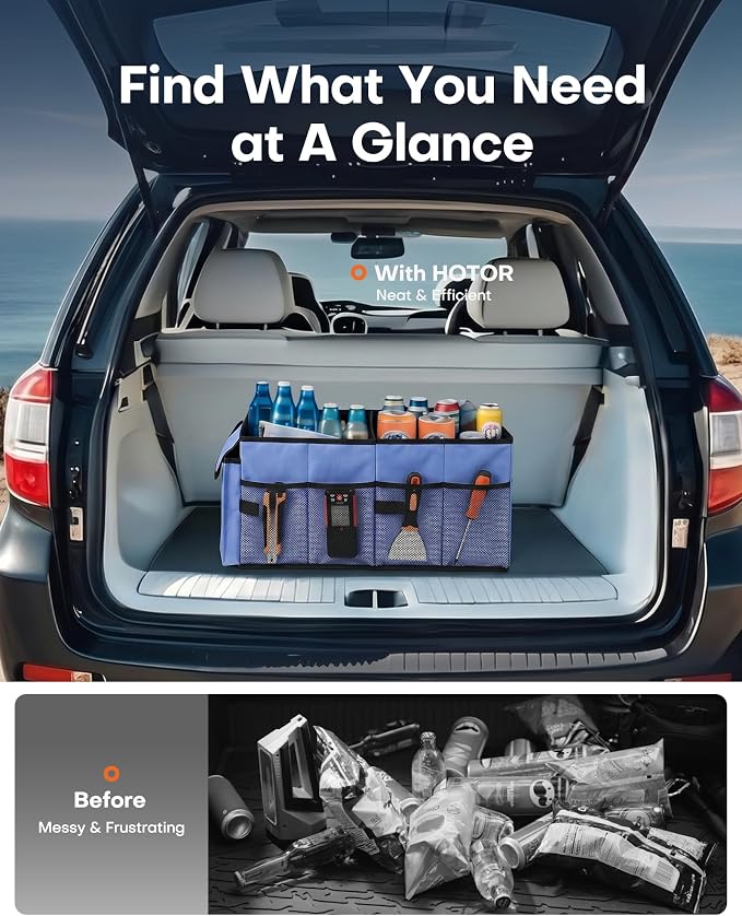 HOTOR Trunk Organizer - Foldable Car Organizer for SUVs & Sedans Storage | Sturdy Car Organization for Men & Women, Car Accessories, Tools, Sundries, Blue, 2 Compartments, 21.3" x 12.6" x 10.6" - Image 6
