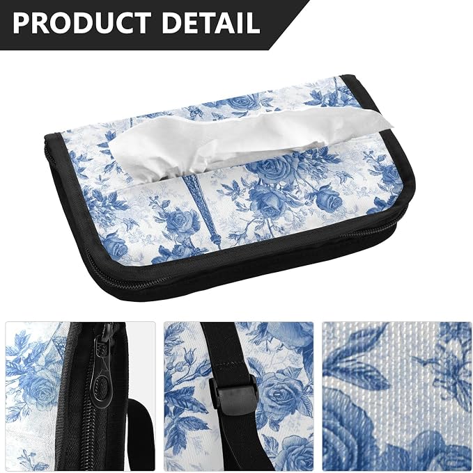 Car Tissue Holder Car Napkin Holder Car Tissue Box Dispenser Storage Case Sun Visor Mask Holder with Adjustable Straps Reusable Refillable Blue Roses and Eiffel Tower - Image 3