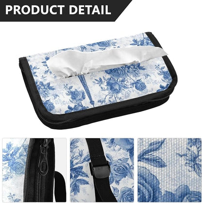 Car Tissue Holder Car Napkin Holder Car Tissue Box Dispenser Storage Case Sun Visor Mask Holder with Adjustable Straps Reusable Refillable Blue Roses and Eiffel Tower - Image 3