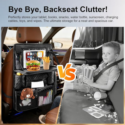 Car Backseat Storage Organizer, 11 PU Leather Pockets & Foldable Table Try | Rosynee Black Kick Mats Back Seat Protector and Cup Holder, Travel Accessories Universal Use Seat Covers with Tablet Holder - Image 3
