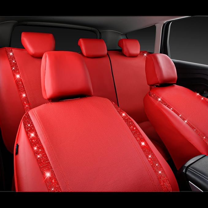 CAR PASS Bling Diamond Car Seat Covers Full Set, Shining Rhinestone Waterproof Faux Leather, Rear with Zipper, Universal Fit Automotive Glitter Crystal Sparkle Strips for Cute Women Girl, Red - Image 8