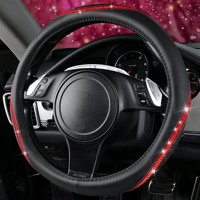 CAR PASS Bling Diamond Black Leather Steering Wheel Cover, Studded Crystal Rhinestones Universal Fit 14" 1/2-15" Glitter for Women Sparkle Girl Fit Suvs,Vans,Sedans,Car,Trucks, Red Diamond - Image 3