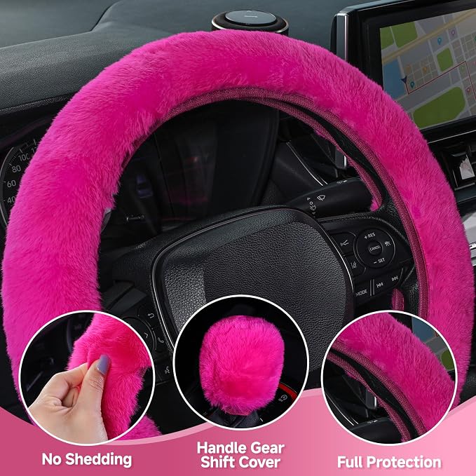 SEG Direct Furry Steering Wheel Cover, Fluffy Fuzzy Gear Shift, Magenta | Gear Shift Cover, 2 PCS Set, Soft and Warm, Cute Fur Auto Car Decor, Standard Size 14.5- 15 inch for Women Men - Image 4