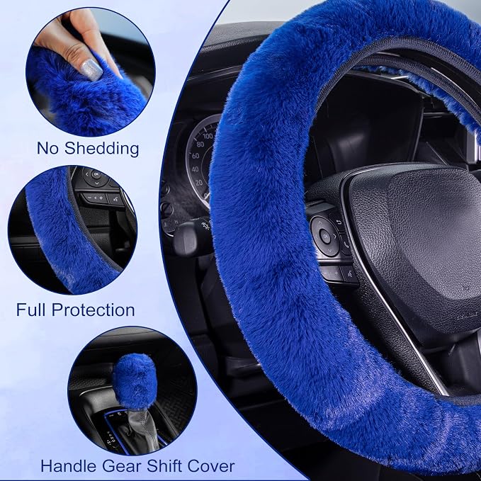SEG Direct Furry Steering Wheel Cover, Fluffy Fuzzy Gear Shift Cover, Blue | Gear Shift Cover, 2 PCS Set, Soft and Warm, Cute Fur Auto Car Decor, Standard Size 14.5- 15 inch for Women Men - Image 3