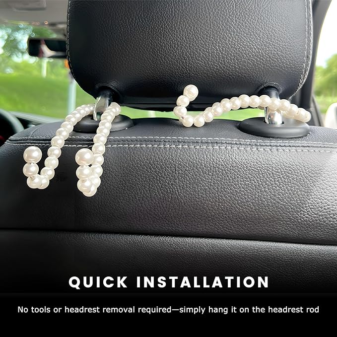 2PCS Elegant Pearl Car Seat Headrest Hook, Exquisite Auto Seat Back Hanger Storage Hook for Handbag Purse, Cute Pearl Headrest Storage Organizer Interior Decor for Women Girls - Image 4