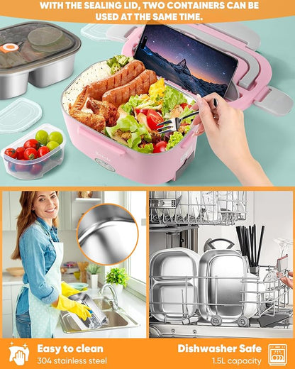 Eocolz Electric Lunch Box Food Heater 80-100W, Food Warmer with Dual Container 1.5L Portable Heated Lunch Box for Car Truck Work Stainless Steel Fork & Spoon 12/24/110V for Adults Lonchera Eléctrica - Image 3