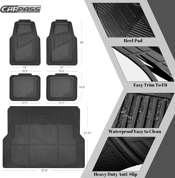 CAR PASS Heavy Duty Rubber Floor Mats Gray Car Mats Full Set with Trunk Cargo Liner - Universal Waterproof Floor Mats for Car SUV Truck, Durable All Weather Automotive Liner Mats (All Black) - Image 2