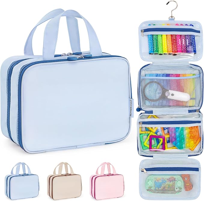 Kids Travel Organizer – Multi-Compartment, Water-Resistant Hanging Bag for Toys, Snacks, & Activities - Compact, Lightweight Design with Hook & Carry Handle - Perfect for Travel Use (Blue, Small) by MOTHERCOULD