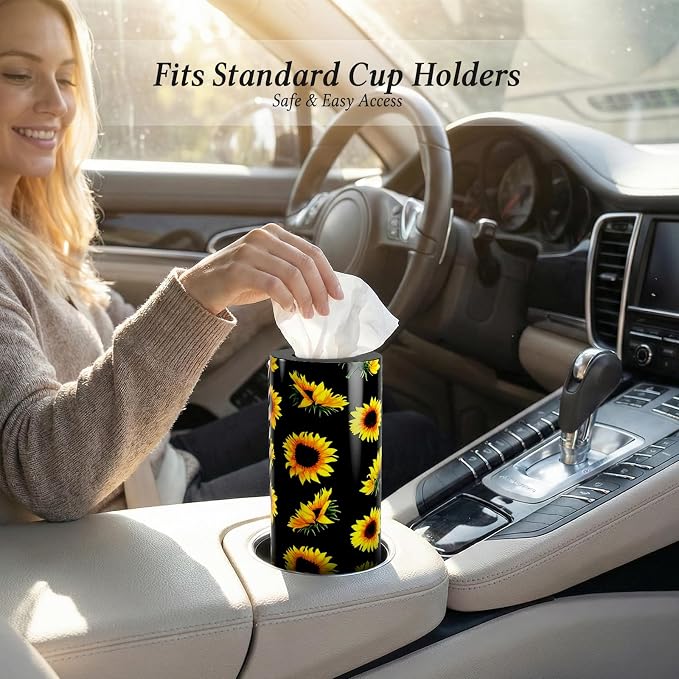Car Tissues Cylinder for Cup Holder - Refillable Round Tissue Canister with 2 Packs Tissue - Cute Summer Floral Car Interior Accessories for Women & Men -Yellow Flower Decor (Sunflower) - Image 3