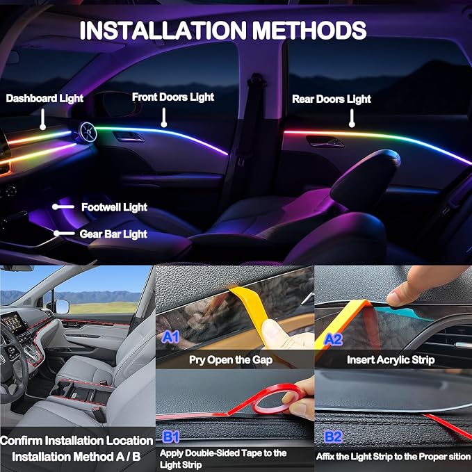 Car LED Strip Lights, Interior Acrylic LED Lights for Car with Dynamic Rainbow Dream Color Chasing, Ambient Lighting Kits Music Sync (10 in 1(4 * 29.5"+43.3"+14.5"+4 Footwell Lights)) - Image 7