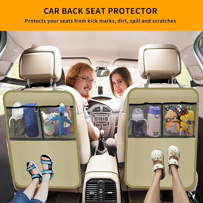 2 Pack Kick Mat Backseat Protector,Back Seat Cover for Kids,Car Seat Back Protectors with 2 Pocket Storage Organizer for Car, SUV, Minivan or Truck Seats (Beige) - Image 2