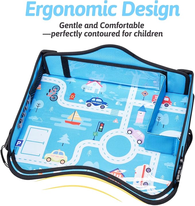 Kids Travel Tray for Car, Boy's Safety Seat Table, Carseat Lap Desk | Weight-Relief Strap, Non-Skid Silicone Base, Waterproof Dining/Craft Mat - Image 3