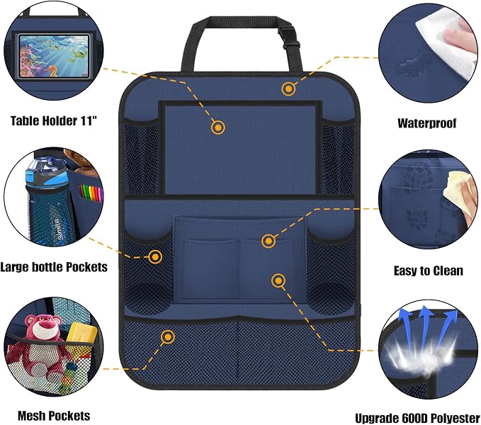 Backseat Car Organizer w/ 10 Storage Pockets, 11" Tablet Holder, 2 PCS Blue | Car Organizers and Storage Kick Mats Back Seat Protector w/ Touch Screen Tablet Holder for Kids Toddlers, Travel Accessories - Image 2