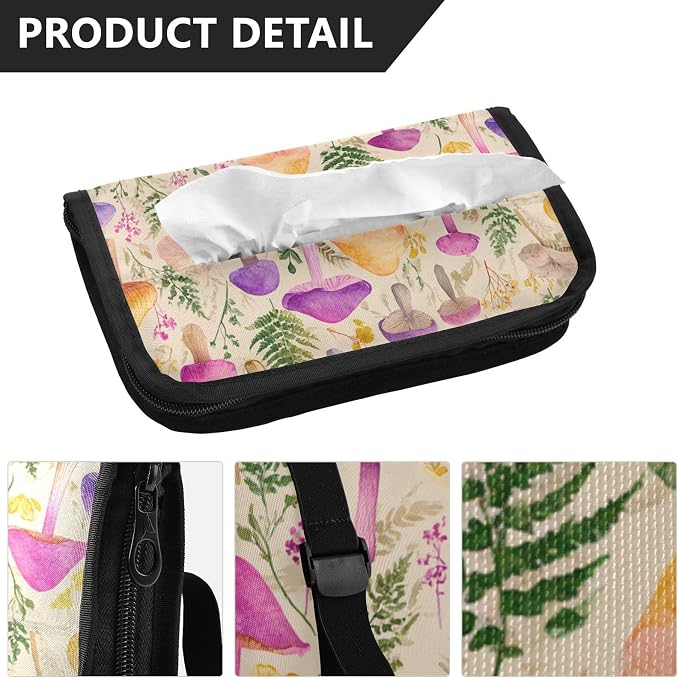 Car Tissue Holder Car Napkin Holder Car Tissue Box Dispenser Storage Case Sun Visor Mask Holder with Adjustable Straps Reusable Refillable Mushroom Colorful Pattern - Image 3