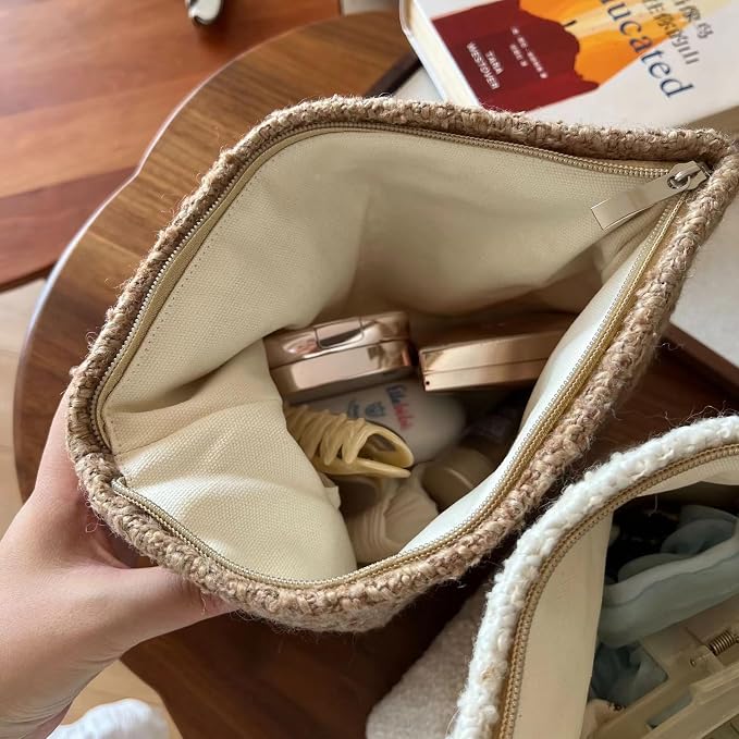 RSRSLEII Travel Woven Woolen Makeup Bag, Vintage Toiletry Bag(04Brown Wool) | Aesthetic Portable Cosmetic Bag with Zipper, Cute Makeup Pouch with Canvas Lining, Car Storage Bag for Women and Girls - Image 6