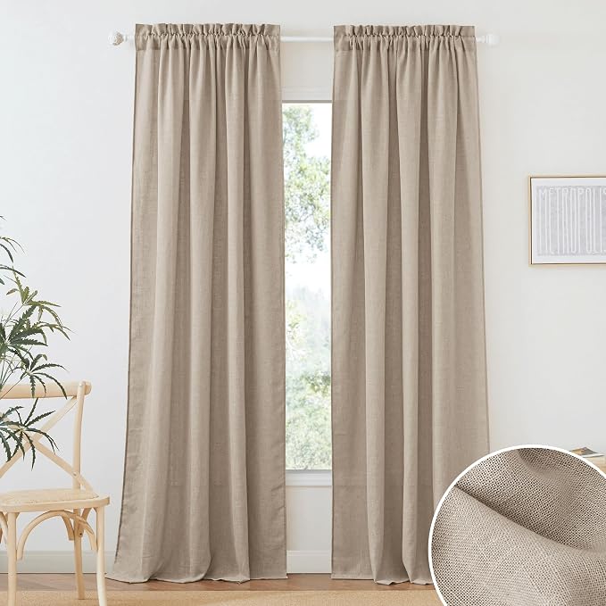 RYB HOME Extra Long Linen Curtains for Dining Room 120 inches Long, Farmhouse Light Filtering Privacy Lightweight Floor Sweeping Drapes for Living Room, Khaki, 52" W, 2 Panels by RYBHOME