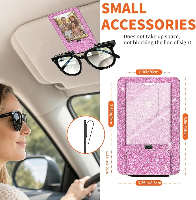 2-in-1 Car Visor Sunglasses & Photo Holder, Magnetic PU Leather Glasses Clip with Picture Display Slot, Universal Sun Visor Organizer for Eyeglasses, Personalized Cards & Memories, Light Pink Glitter - Image 5