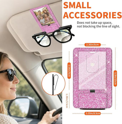 2-in-1 Car Visor Sunglasses & Photo Holder, Magnetic PU Leather Glasses Clip with Picture Display Slot, Universal Sun Visor Organizer for Eyeglasses, Personalized Cards & Memories, Light Pink Glitter - Image 5