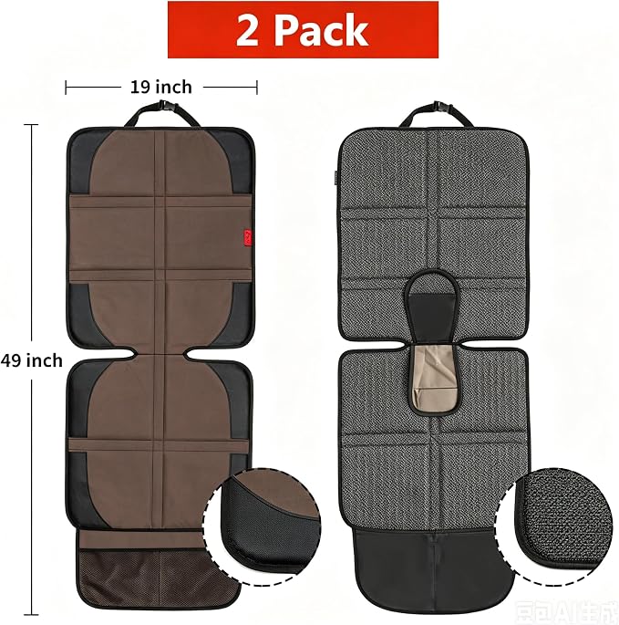 Kaiphy Car Seat Protector with Thick Padding + XL Large Car Seat Cover for Child Car seat, Eco Friendly Waterproof & Durable Fabric + 2 Storage Pockets Protect Fabric or Leather Seats 2Pack (Brown) - Image 2