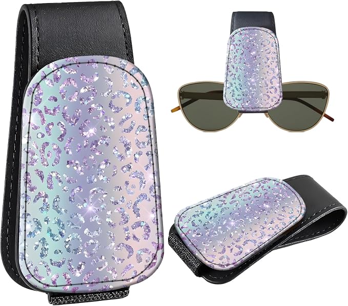 Leather Magnetic Sunglass Holder for Car Sun Visor, Cute Eyeglass Ticket Card Hanger Clip, Universal Auto Interior Accessories for SUV Pickup Truck, Holographic Leopard by Unknown